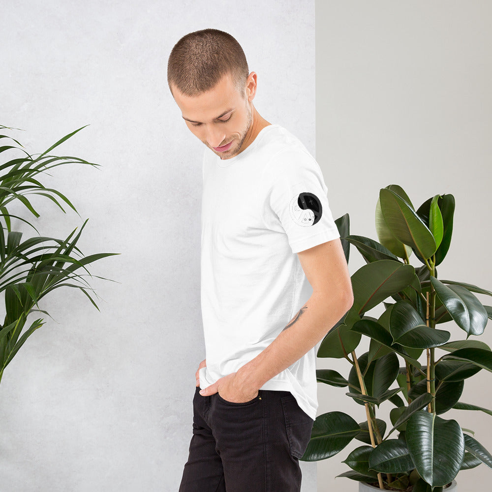 Short-Sleeve Unisex T-Shirt peace yin yang design on left sleeve