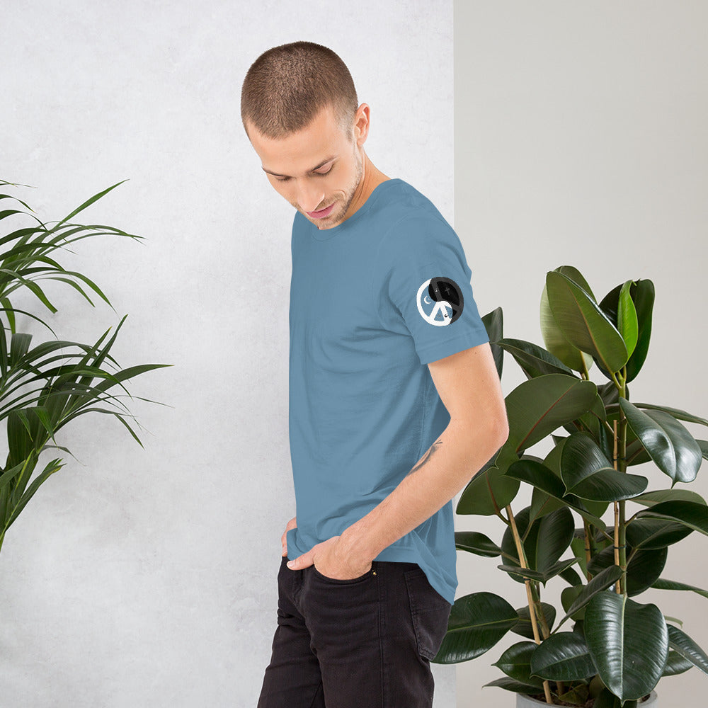 Short-Sleeve Unisex T-Shirt peace yin yang design on left sleeve